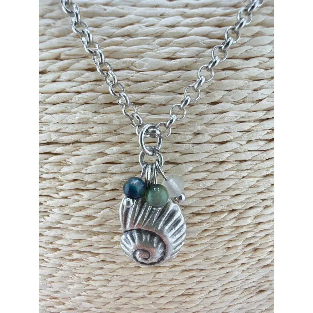 Sterling Silver Shell Pendant Necklace with Agate and Sea Glass Beads